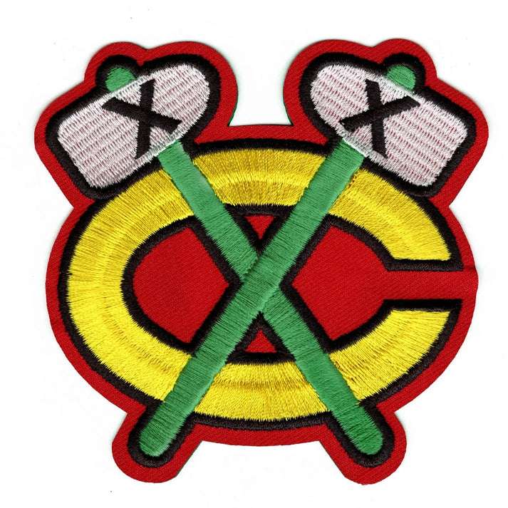 Chicago Blackhawks Stanley Cups Tomahawks Logo Home Jersey Patch (Red Background)